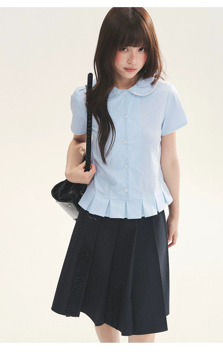 "Citrus Sea Salt" Stripe Lace Peter Pan Collar Pleated Shirt (White Blue / Blue White)