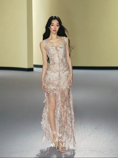 "Blush Mirage" Floral Lace Slip Maxi Dress