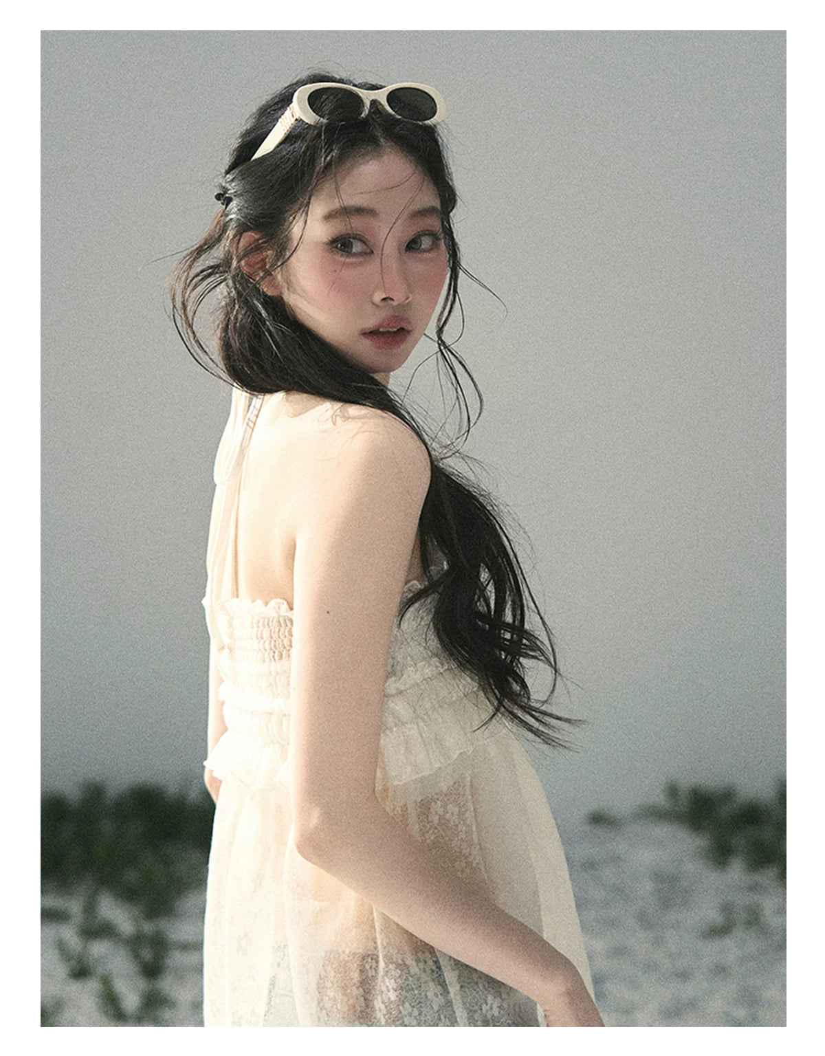 “Shattered Glasslight Veil” Cream Lace Halter Twinset Top