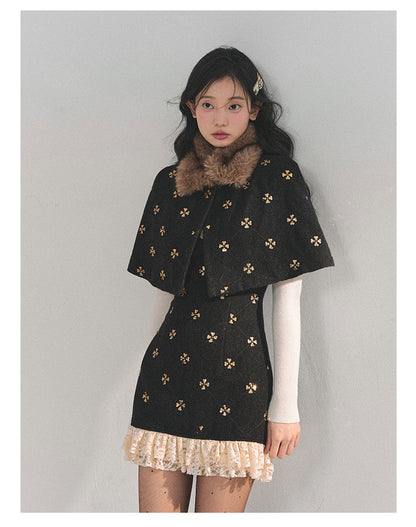 少也眼 “Snowy Night Waltz” French-Style Wool Dress with Detachable Fur Cape