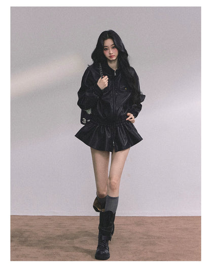 AOMALM - Burgundy PU Suede Jacket & A-Line Shorts Set