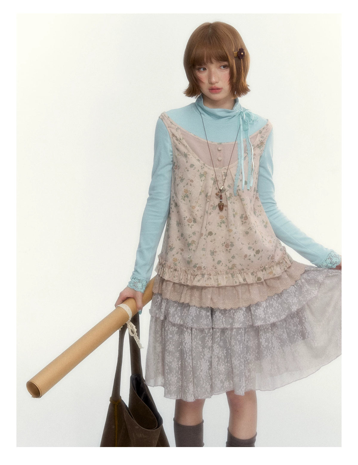 Misty Gray Pink Vintage Lace Tiered A-Line Skirt