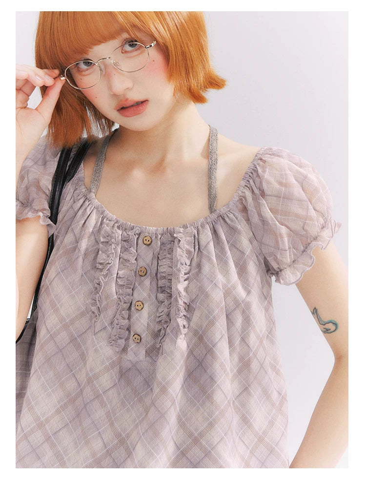 “Misty Plum Plaid” Gray-Purple Plaid Lace Trim Halter Top