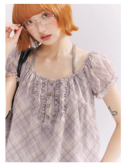 “Misty Plum Plaid” Gray-Purple Plaid Lace Trim Halter Top