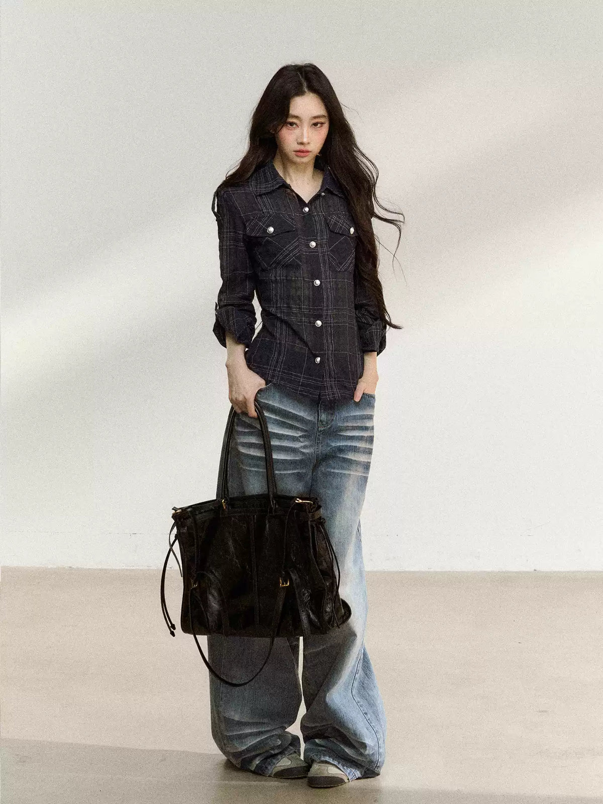 JN's DESIGN - Plaid Adjustable-Waist Long-Sleeve Shirt