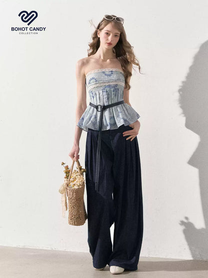 "Weekend Market" Blue Porcelain Peplum Tube Top