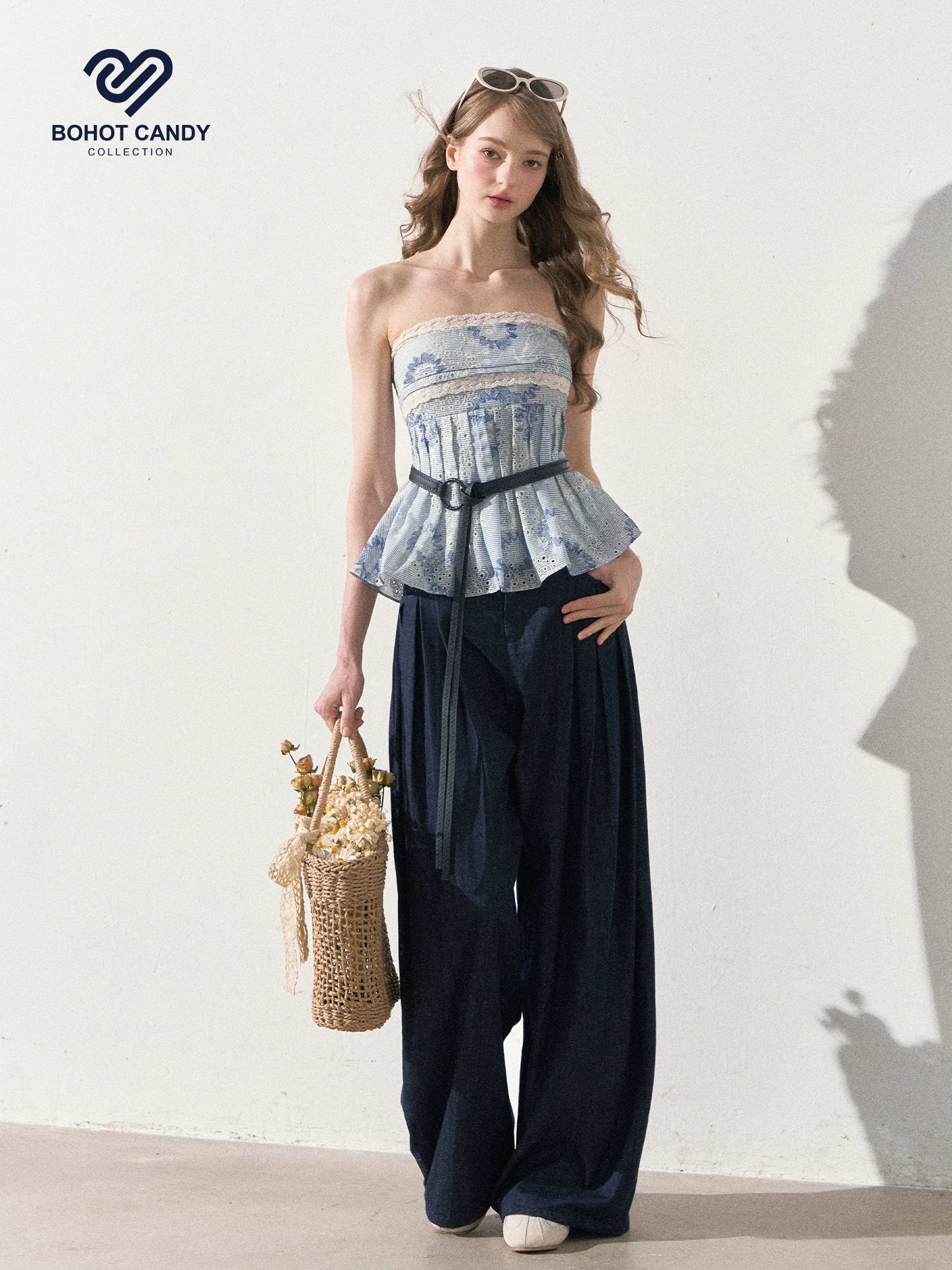"Weekend Market" Blue Porcelain Peplum Tube Top