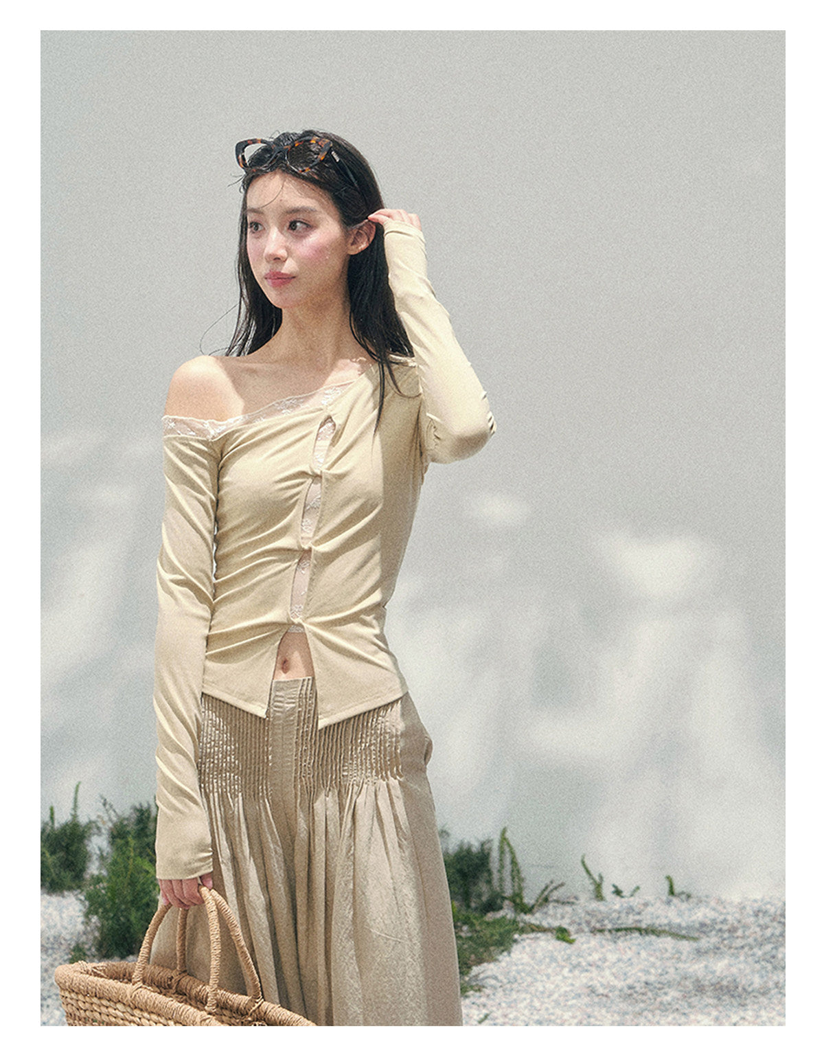 少也眼 “She Becomes Poetry in Motion” Layered One-Shoulder Lace Top - Toasted Rice Beige 78967896