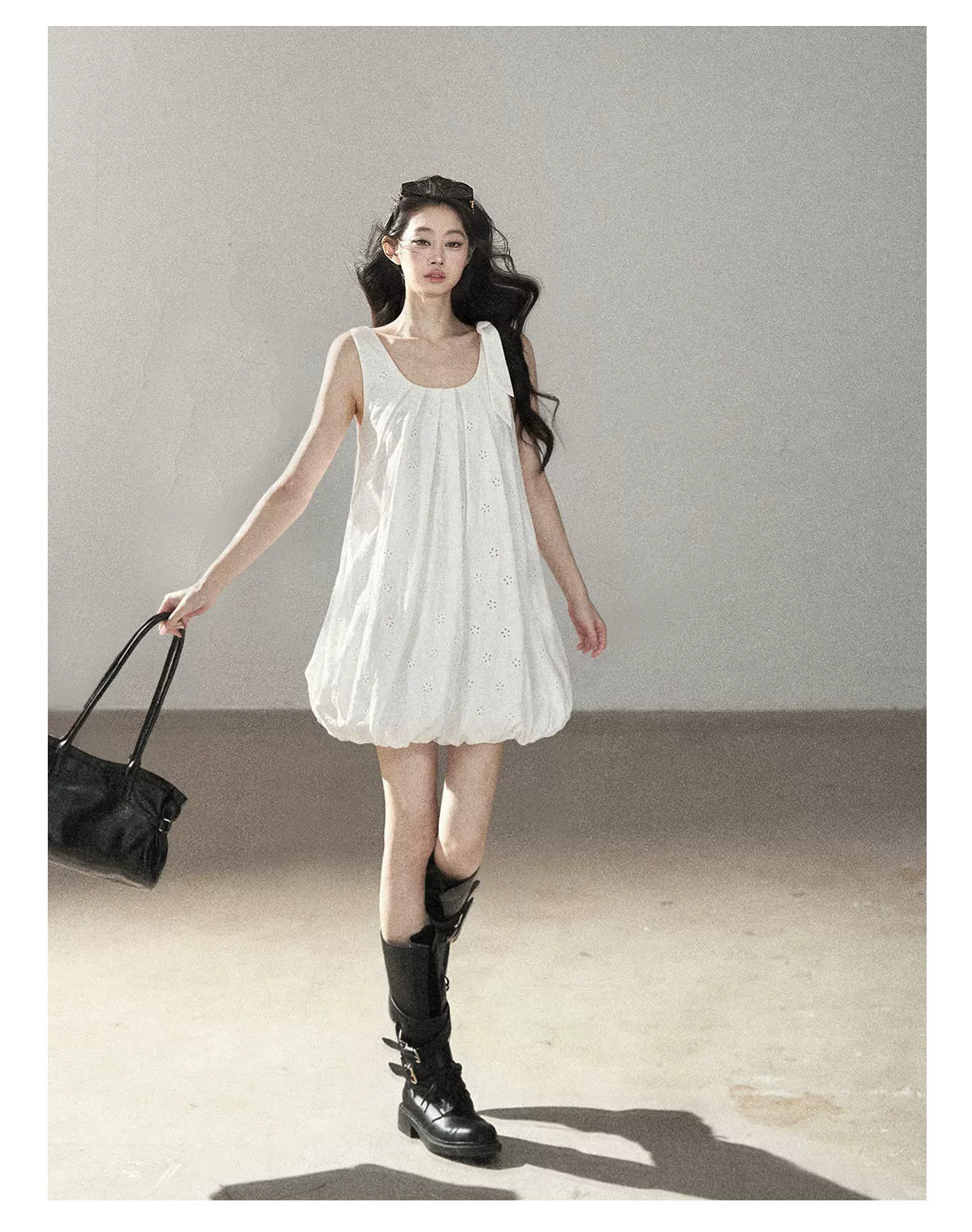 AOMALM - One-Shoulder Bow Dress with Cutout Embroidery Detail