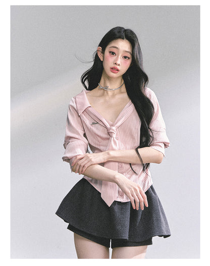 少也眼 “Pinkbud Academy” French Preppy Striped Polo Blouse
