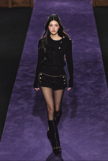 "Winter Hearth" Black Australian Wool Cable-Knit Mock Neck Sweater