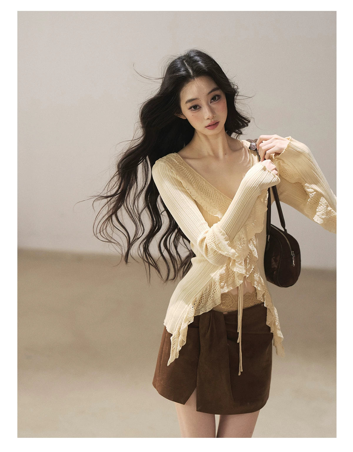 AOMALM - "The Gap of Light" Cheese Yellow Korean Ruffle Lace-Trim Knit Cardigan