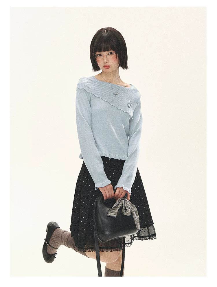 "Polka Reverie" Black Polka Dot Bow Pleated Mini Skirt