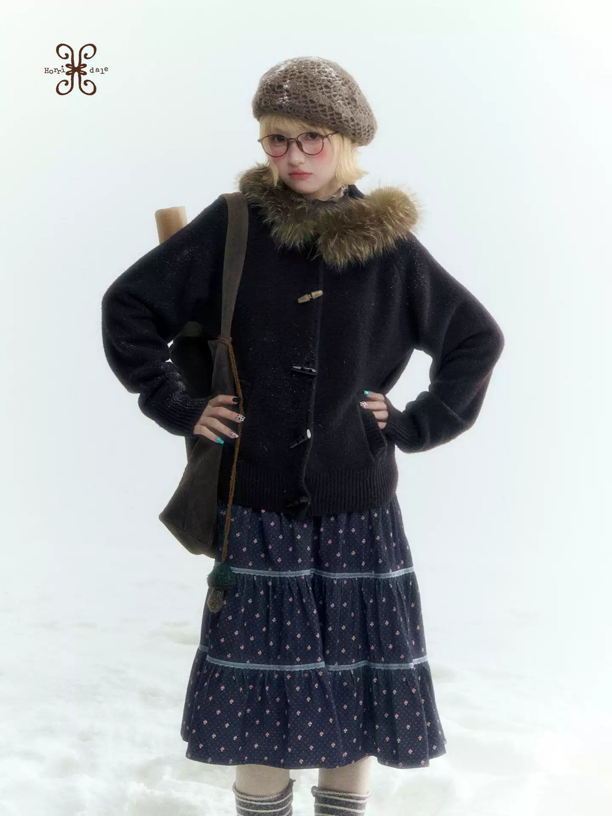 Horridale - Navy Blue Floral Lace Patchwork Tiered A-Line Midi Skirt