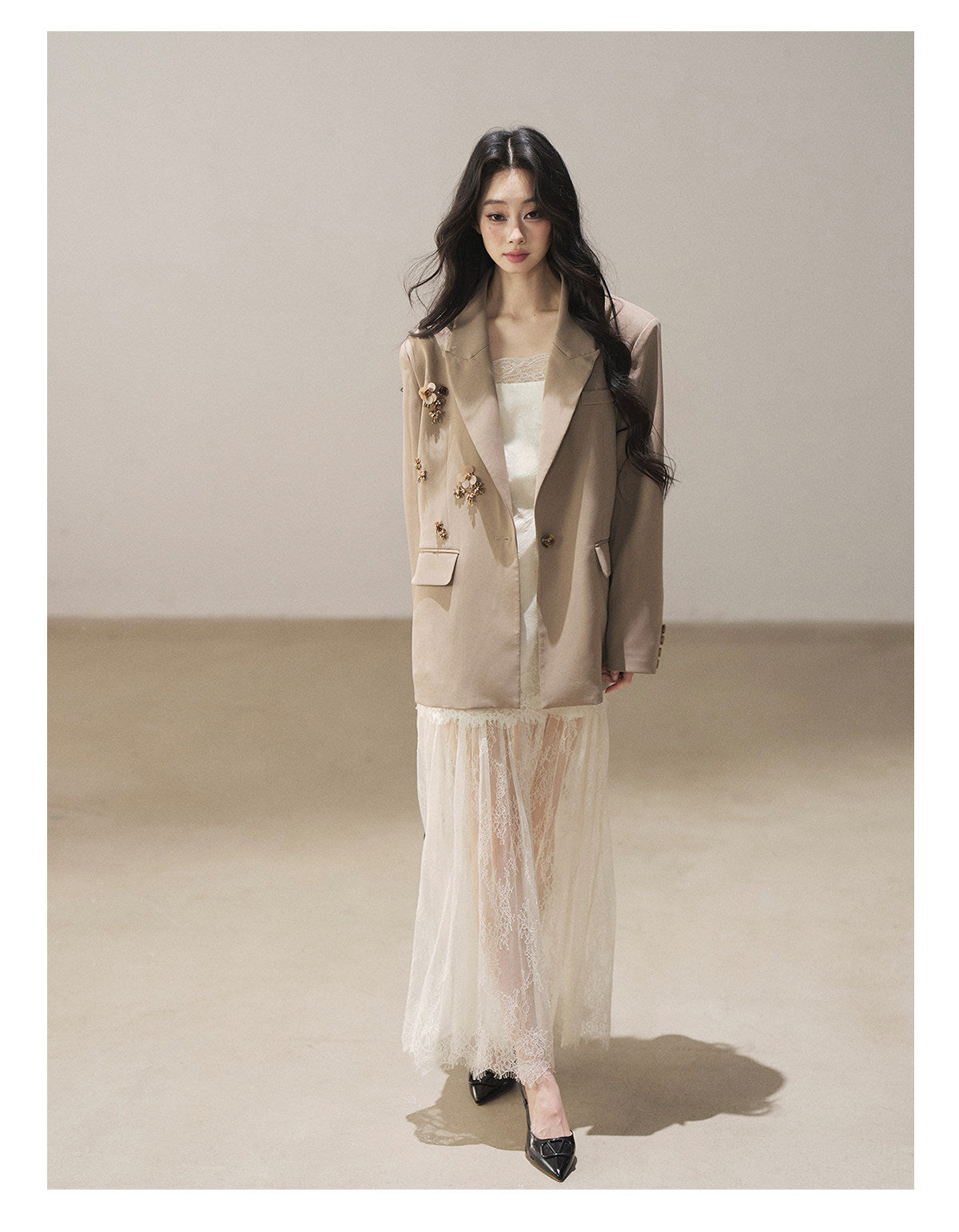 170726 "Your Open Meadow" Cream Apricot White Lace Slip Dress + Gray Taupe Tailored Blazer