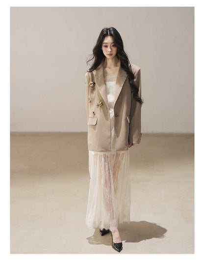 170726 "Your Open Meadow" Cream Apricot White Lace Slip Dress + Gray Taupe Tailored Blazer