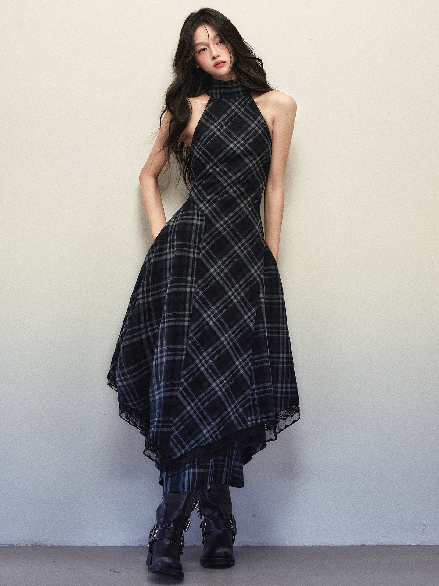 1P - “Gone” Navy Plaid Cut-Out Sculpted Waist Maxi Dress