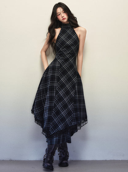 1P - “Gone” Navy Plaid Cut-Out Sculpted Waist Maxi Dress