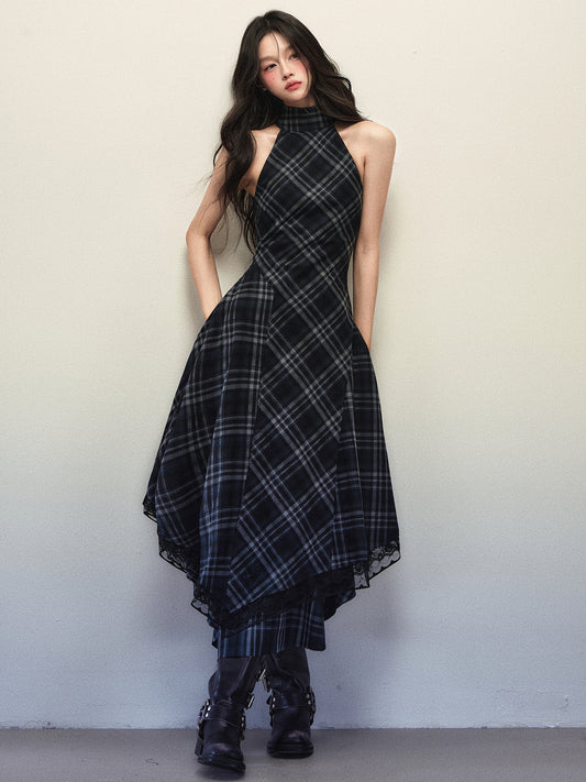 1P - “Gone” Navy Plaid Cut-Out Sculpted Waist Maxi Dress