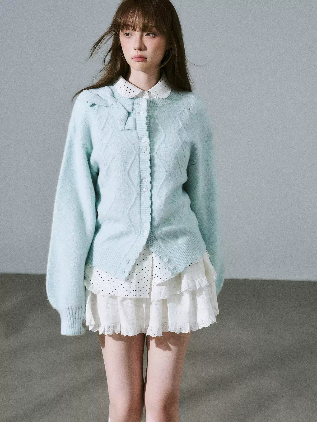 LOST FOREST - Teal Green Wool Blend Bow Cardigan