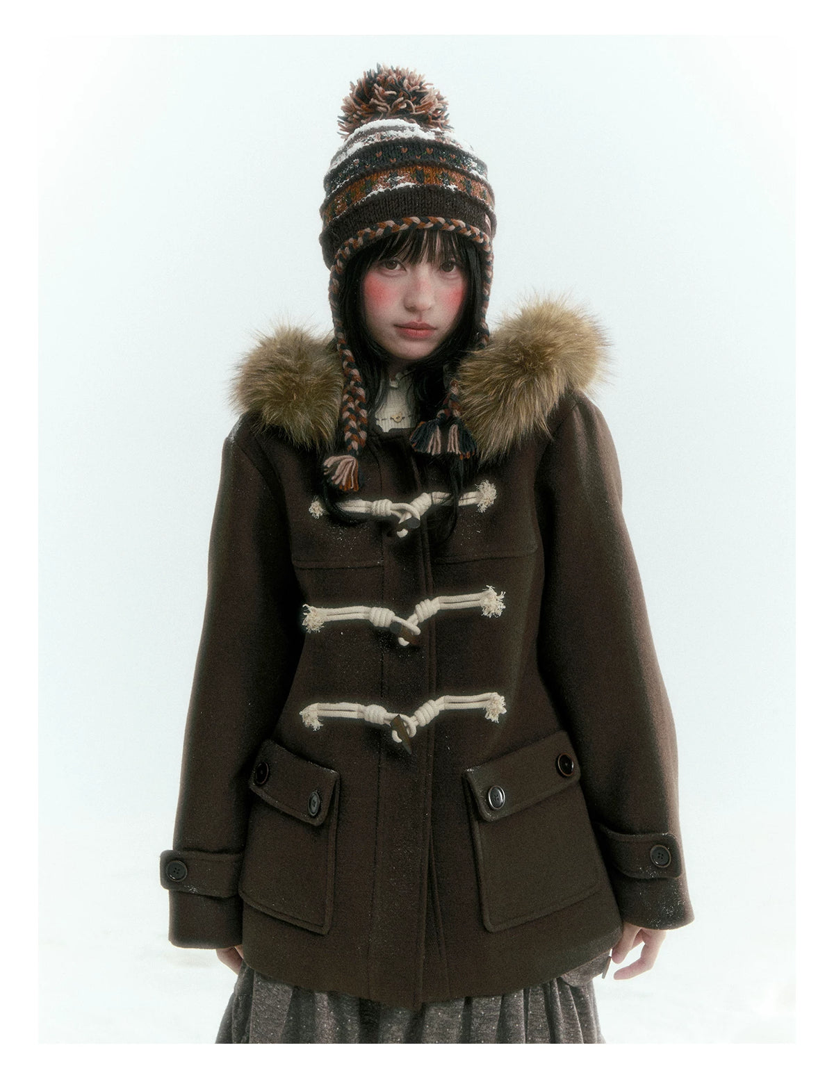 Horridale - Dark Coffee Brown Cropped Hooded Toggle Coat with Detachable Faux Fur Collar