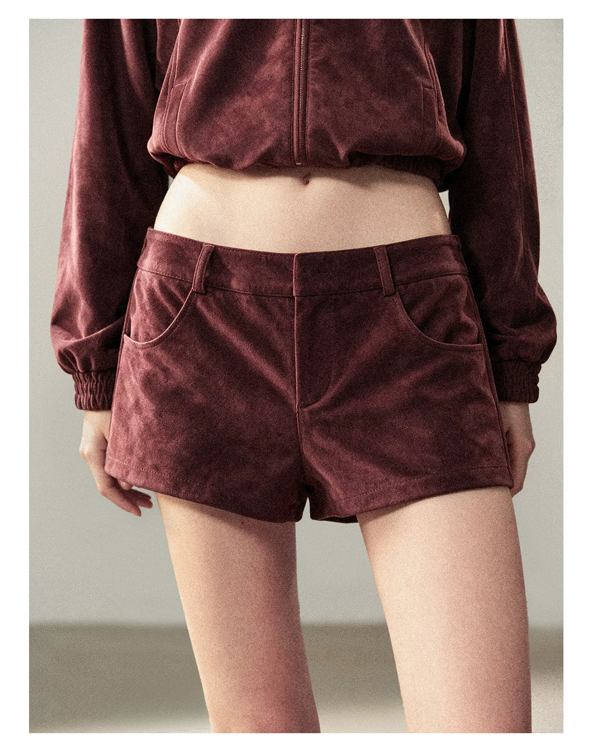 AOMALM - Burgundy PU Suede Jacket & A-Line Shorts Set