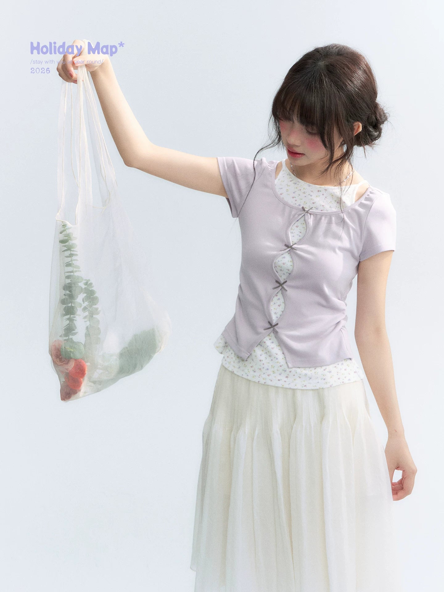 Korean Layered Bow Knit Short Sleeve T-Shirt in Violet
