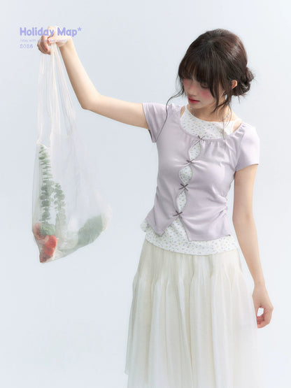 Korean Layered Bow Knit Short Sleeve T-Shirt in Violet