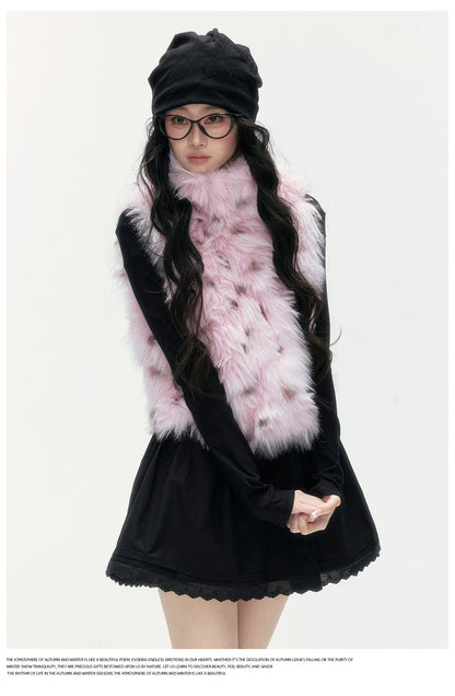 24olvides - Black and Pink Polka Dot Faux Fur Vest