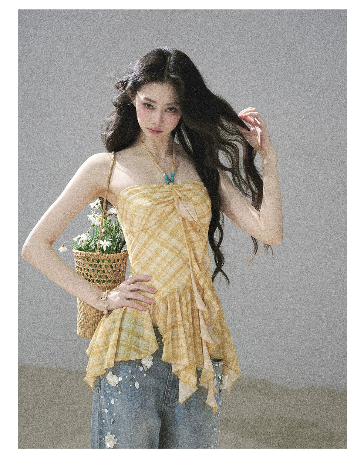 "Fields of Provence" Goose Yellow Halter Plaid Waist-Cinched Top