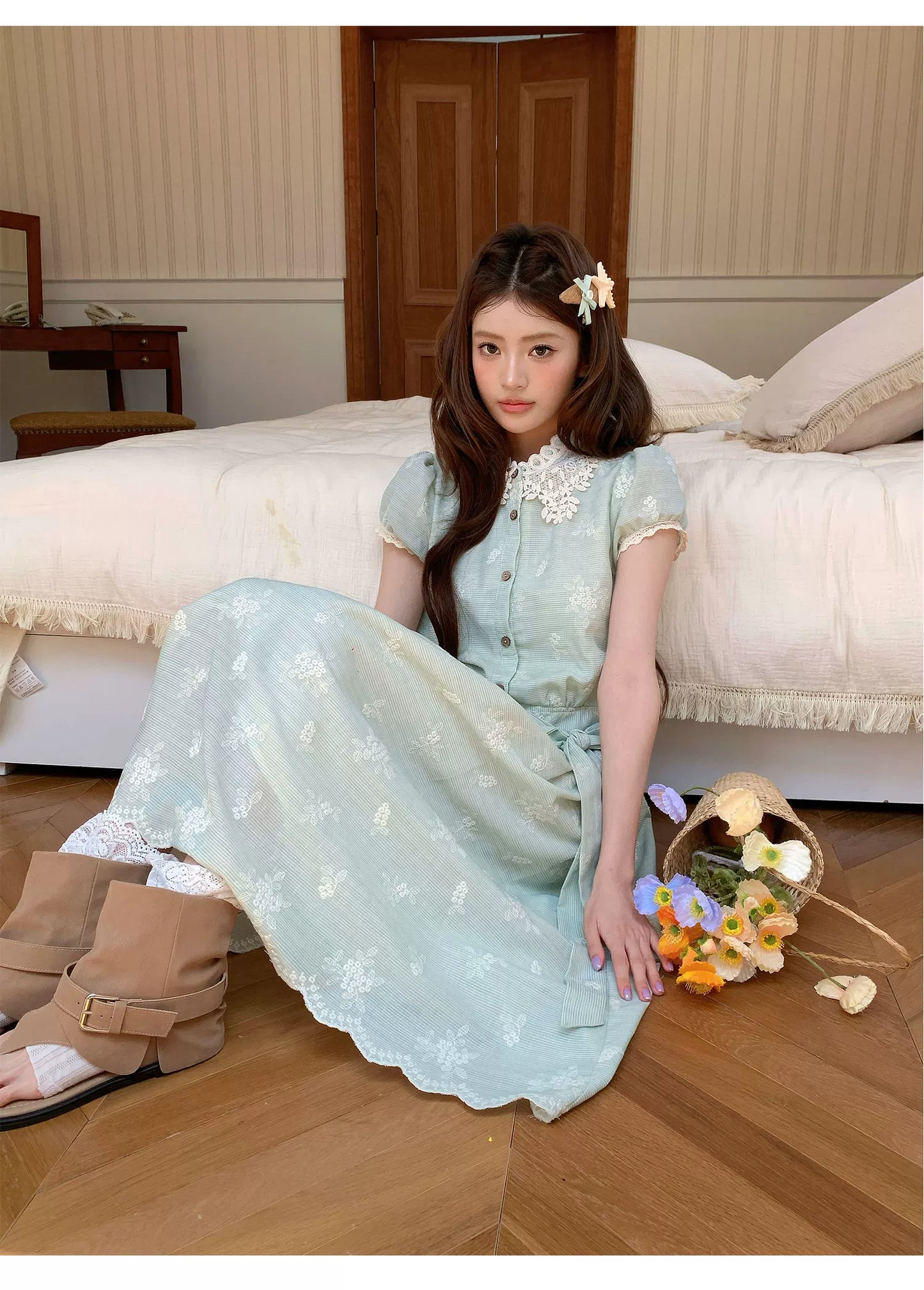 “Sage Meadow Reverie” Sage Green Embroidered Shirt Dress