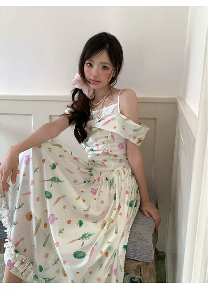“Verdant Orchard Reverie” Beige Fruit Print Off-Shoulder Dress