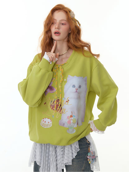ZiziFei - Sweet Cat Print Sweatshirt – V-Neck with Ribbon & Embellished Bow