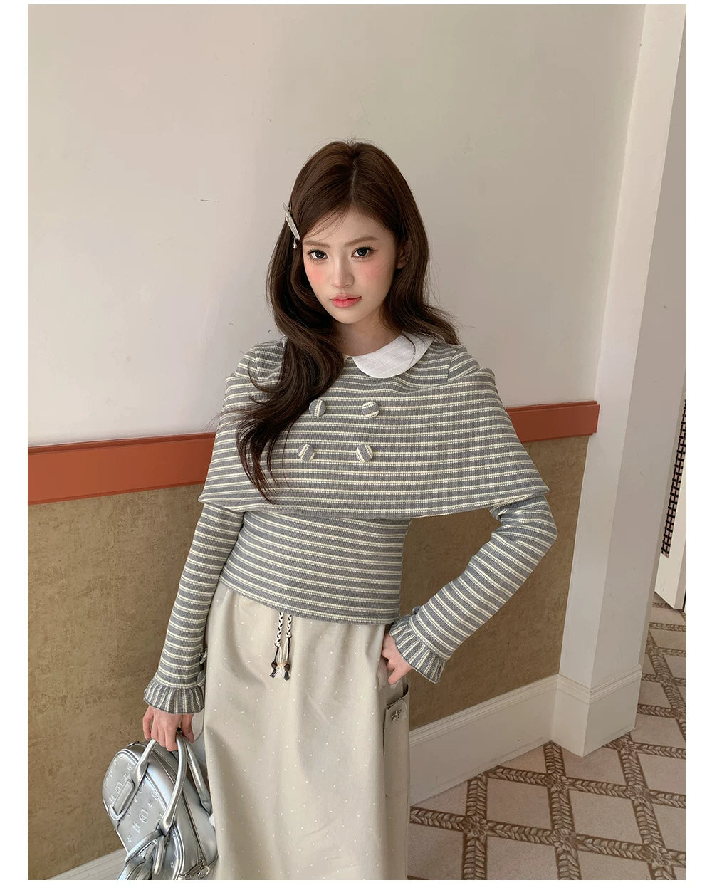 “Misty Sonata” Grey Layered Stripe Knit Top