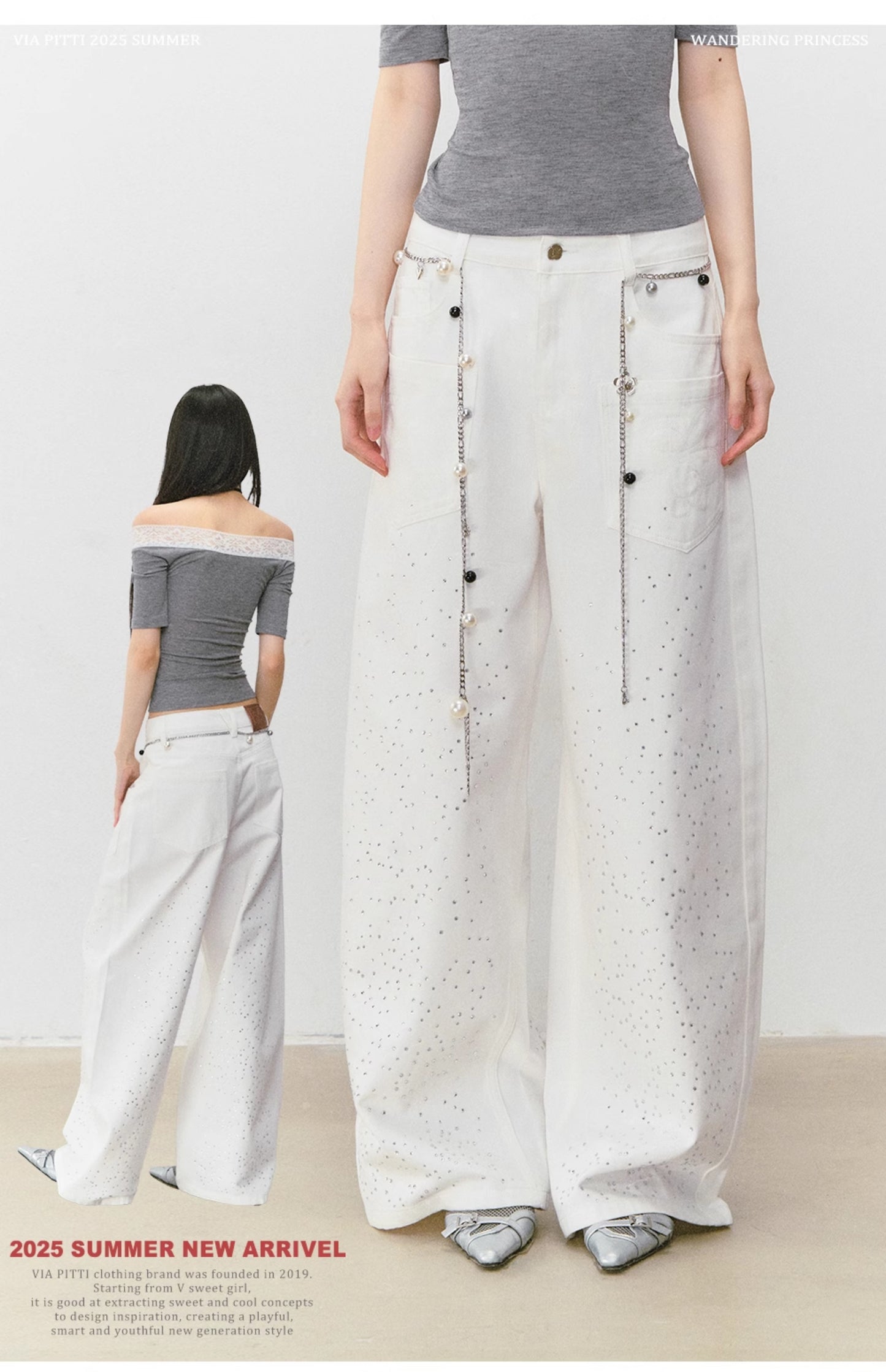 VIAPITTI - Statement Rhinestone Wide-Leg Jeans (White/ Blue)