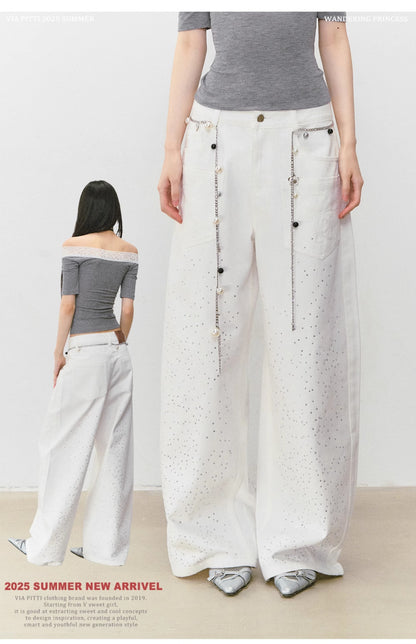 VIAPITTI - Statement Rhinestone Wide-Leg Jeans (White/ Blue)