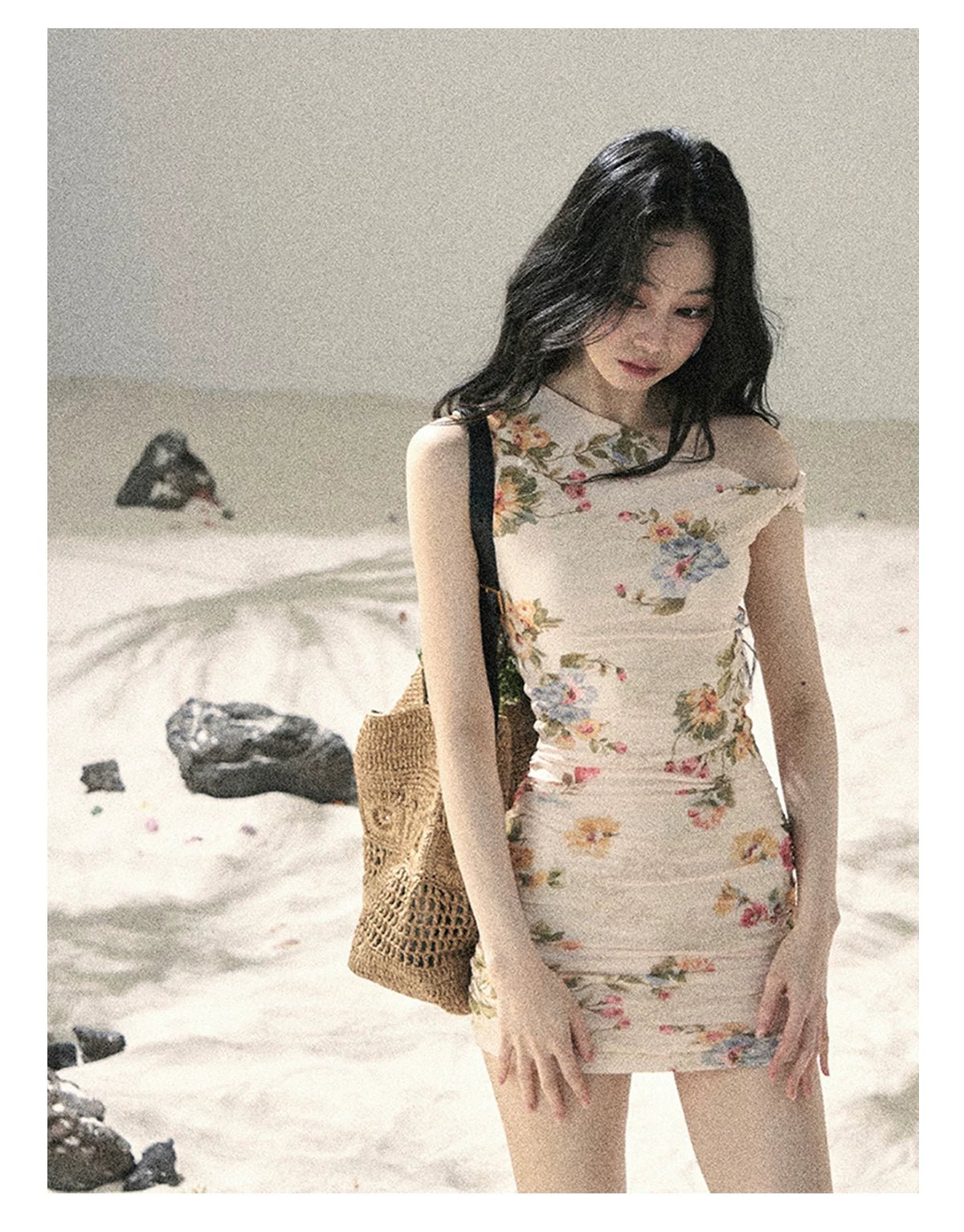 "Waiting for Blossoms" Dutch Cream Floral Ruched Mini Dress 43236