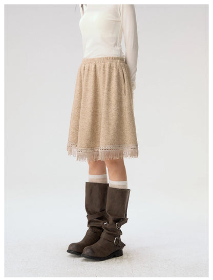 [CAN] "Dusky Floral Whispers" Blush & Chestnut Brown Set (Long Sleeve Top / Tassel Mini Skirt)