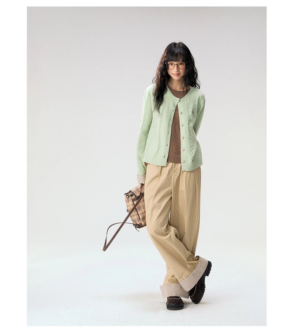 [CAN] "Strawberry Toast" Khaki Plaid Cuff Wide-Leg Pants