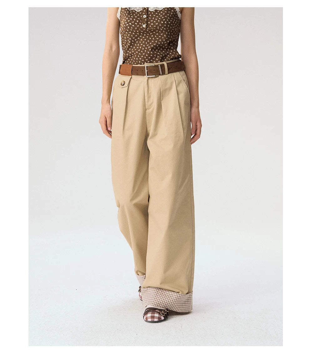 [CAN] "Strawberry Toast" Khaki Plaid Cuff Wide-Leg Pants