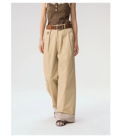 [CAN] "Strawberry Toast" Khaki Plaid Cuff Wide-Leg Pants