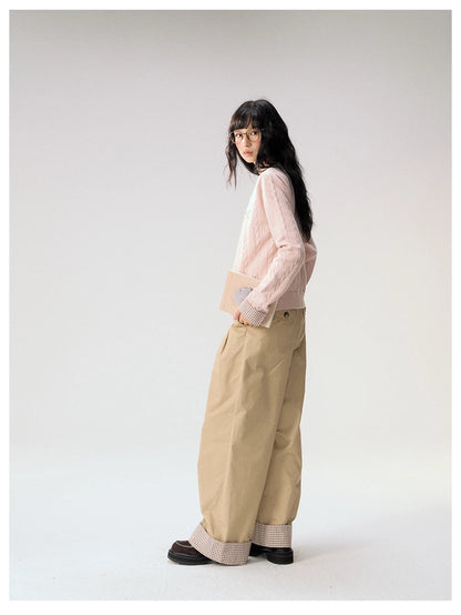 [CAN] "Strawberry Toast" Khaki Plaid Cuff Wide-Leg Pants
