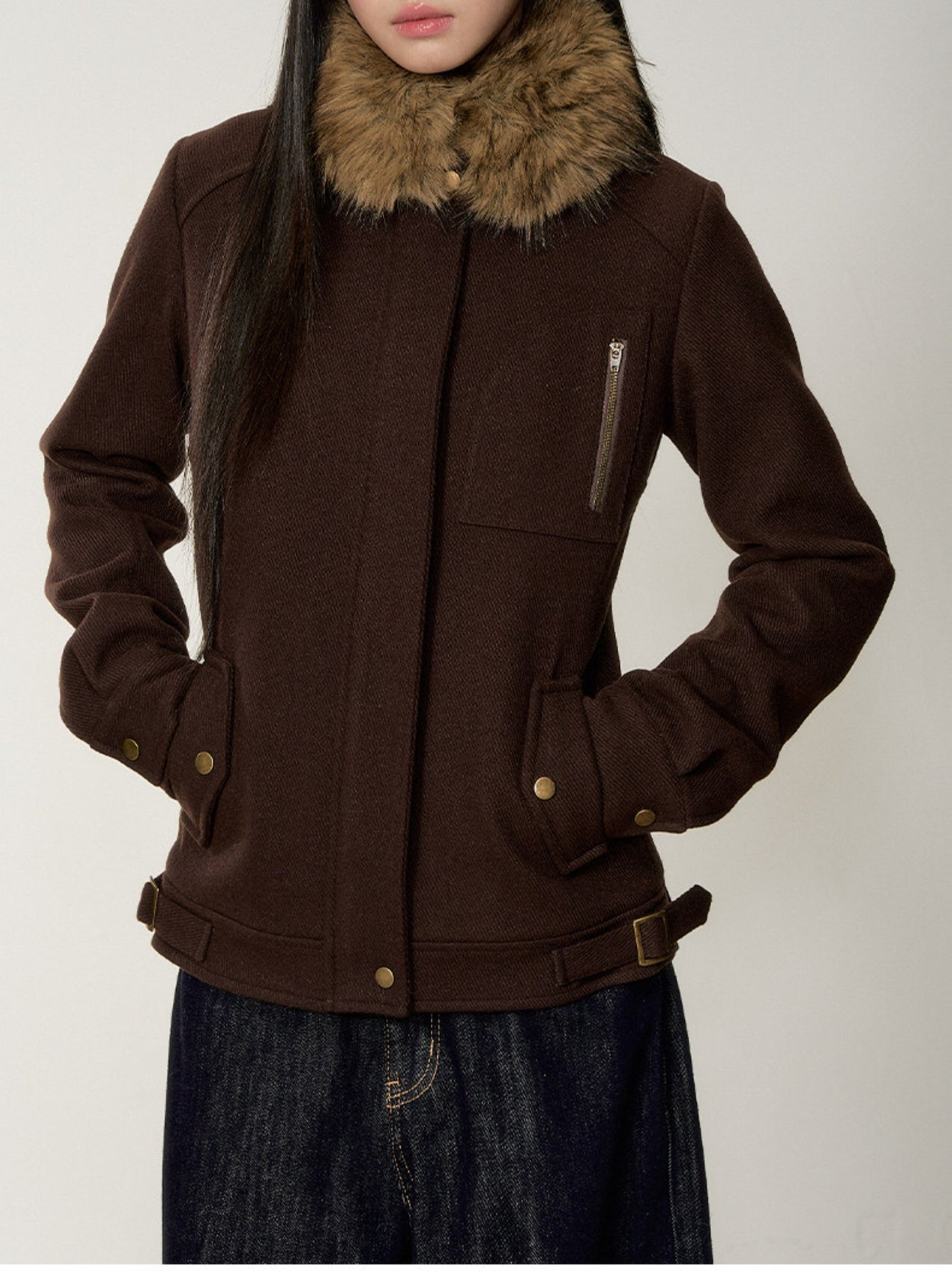 Soote Season - "Deep Roast" Twill Wool Fur-Collar Cinched Jacket