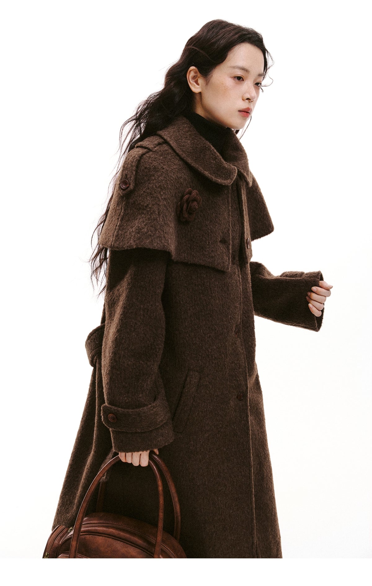 “Intellectual Cape Silhouette” Long Wool Blend Minimal Coat - Brown 8007