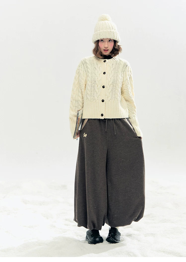 "Bunny Tea Party" Fleece-Lined Balloon Wide-Leg Pants (Hazelnut Brown/ Midnight Gray)