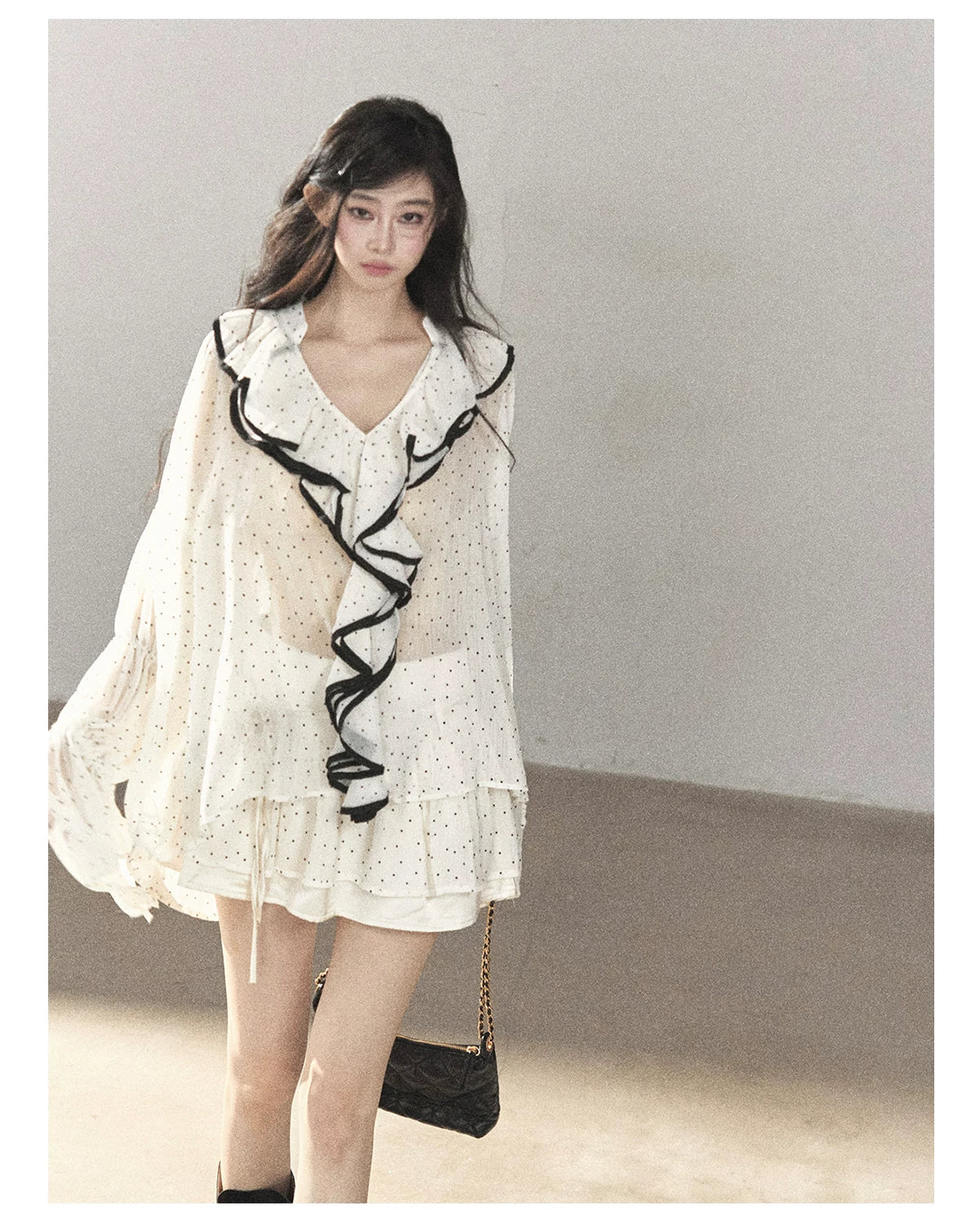 AOMALM - "Gossamer Moonlight" Pearl Shell Chiffon Top & Mini Skirt Set (With Tie & Flower)