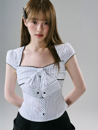 LOST FOREST - Black And White Striped Bow Crop Top