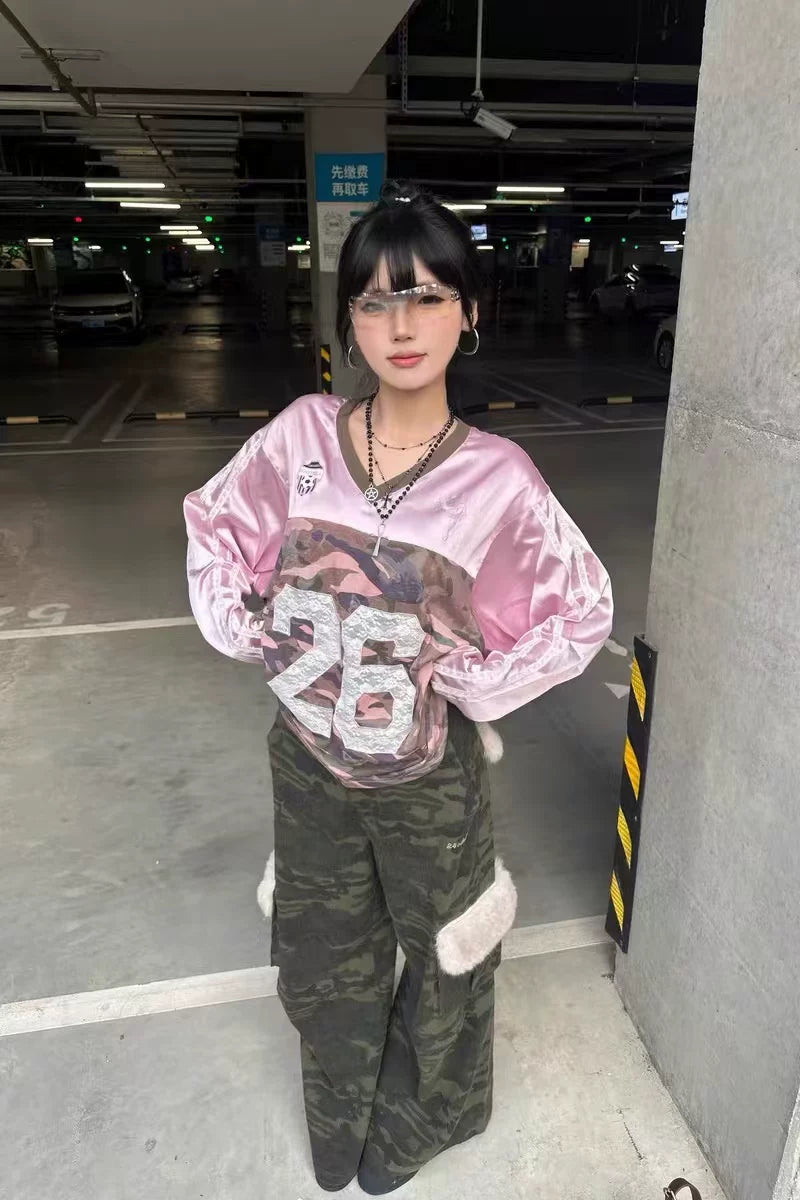 JN's DESIGN - Vintage Camo Wide-Leg Cargo Pants with Faux Fur Pockets