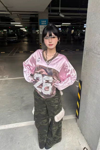JN's DESIGN - Vintage Camo Wide-Leg Cargo Pants with Faux Fur Pockets