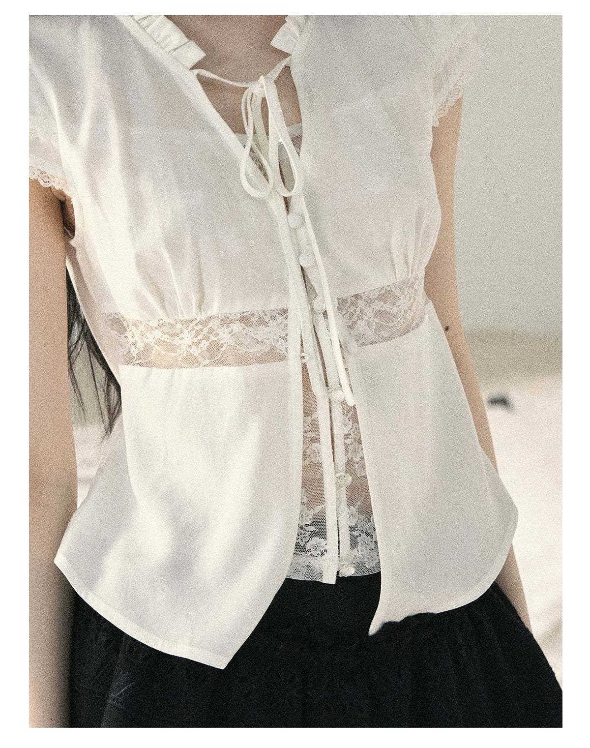"Lace Between the Lines" Frost White Faux-Layer Cropped Shirt